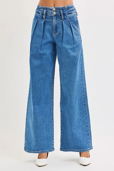 RISEN Full Size Mid Rise Fit Wide Leg with Pleated Detail Jeans Plus Size - Jeans Junction Online