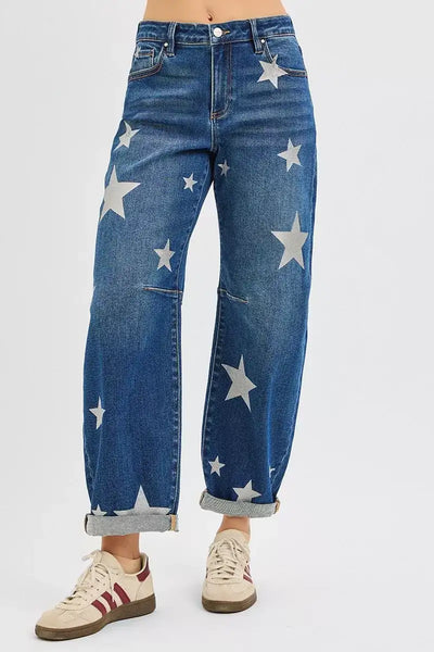 RISEN Mid Rise Ankle Length Relaxed Barrel Star Printed Jeans - Jeans Junction Online