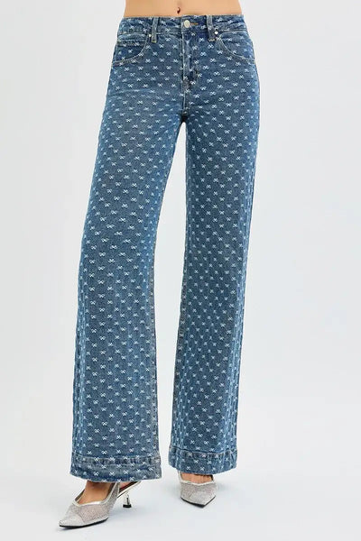 RISEN High Rise Wide Leg Bow Embroidered Jeans - Jeans Junction Online