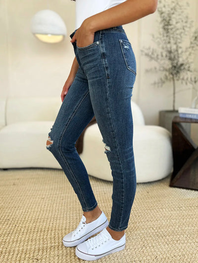 Judy Blue Full Size Mid Waist Distressed Slim Jeans - Jeans Junction Online