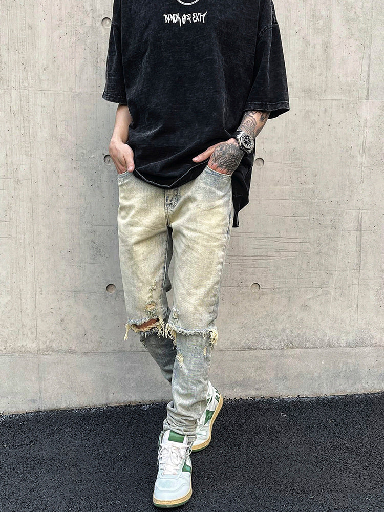 Washed And Distressed Slim-fit Jeans With Holes - Jeans Junction Online