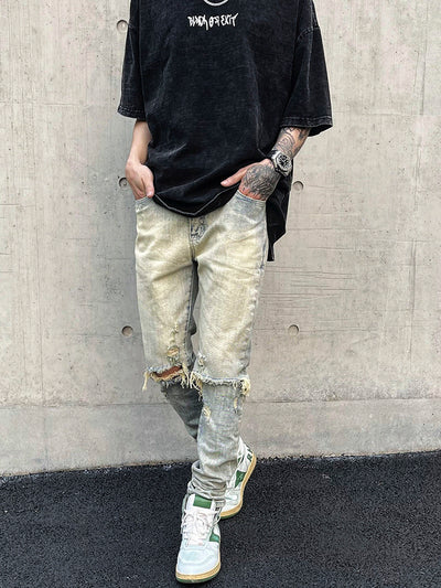 Washed And Distressed Slim-fit Jeans With Holes - Jeans Junction Online