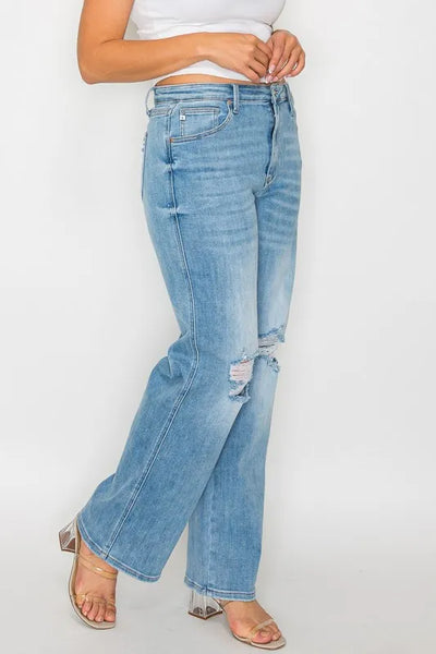 bytos Full Size Distressed High Rise Straight Jeans - Jeans Junction Online