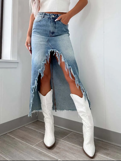 High-Waist Raw Hem Asymmetry Denim Skirt - Jeans Junction Online