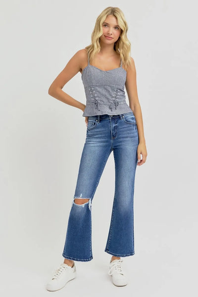 RISEN Full Size Distressed High Rise Crop Flare Jeans - Jeans Junction Online