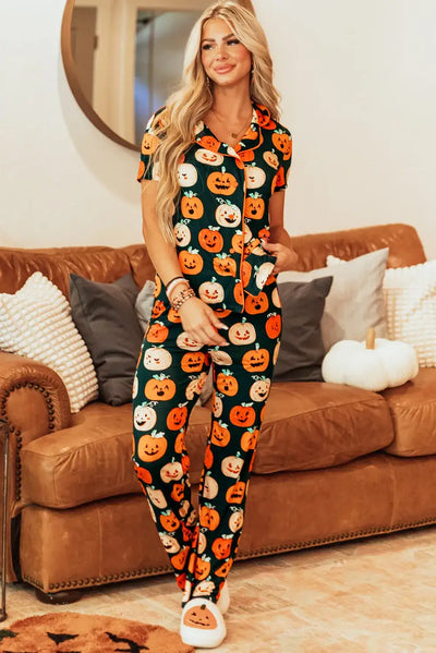 Pumpkin Printed Short Sleeve Top and Pants Lounge Set - Jeans Junction Online
