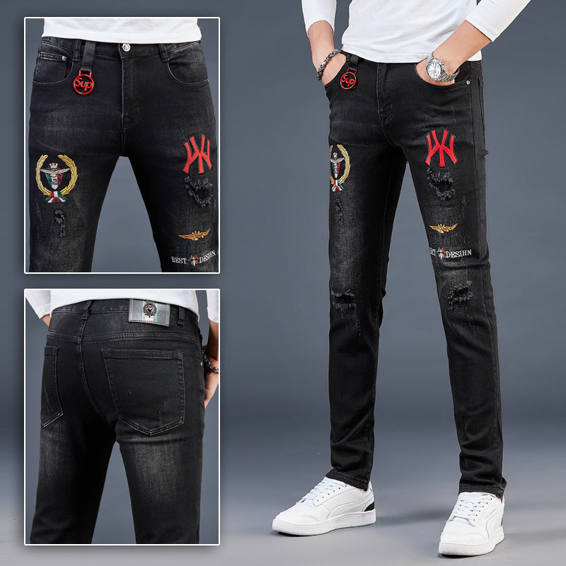 High-End Embroidered Ripped Slim-Fit Jeans - Jeans Junction Online 