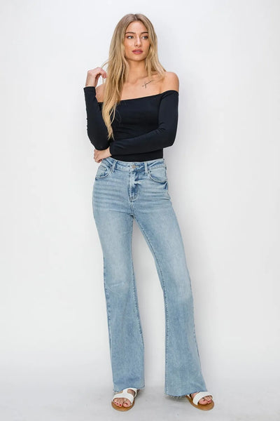 RISEN Full Size High Rise Raw Cut Hem Bootcut Jeans - Jeans Junction Online