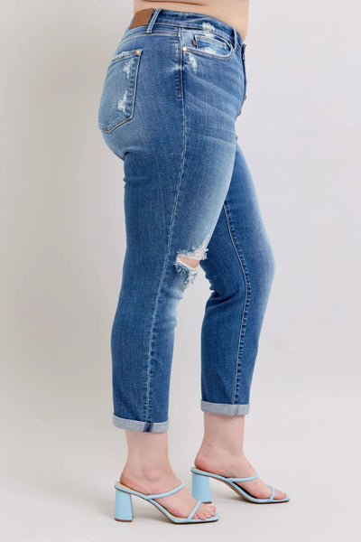 Judy Blue Full Size Button Fly Distressed Jeans with Pockets Plus Size - Jeans Junction Online