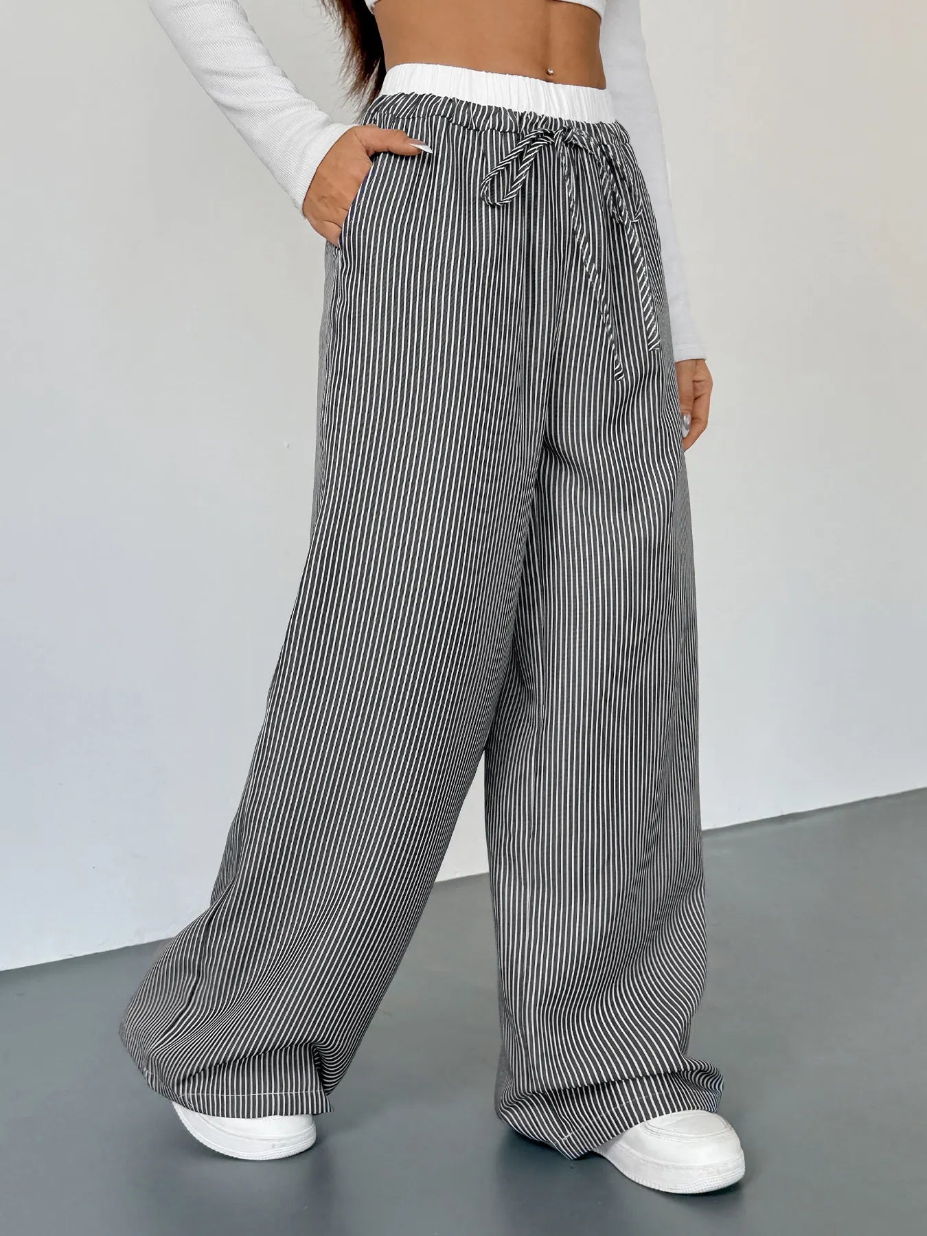 Striped Wide Leg Drawstring Pants - Jeans Junction Online