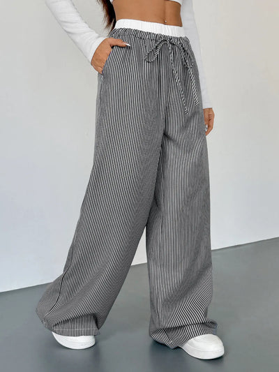 Striped Wide Leg Drawstring Pants - Jeans Junction Online