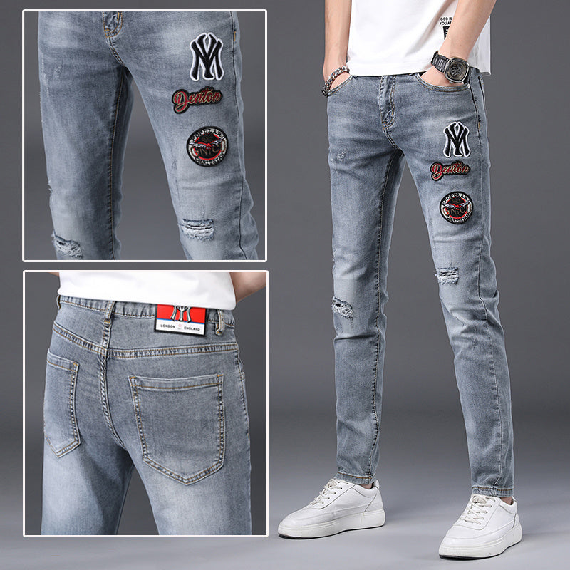 High-End Embroidered Ripped Slim-Fit Jeans - Jeans Junction Online