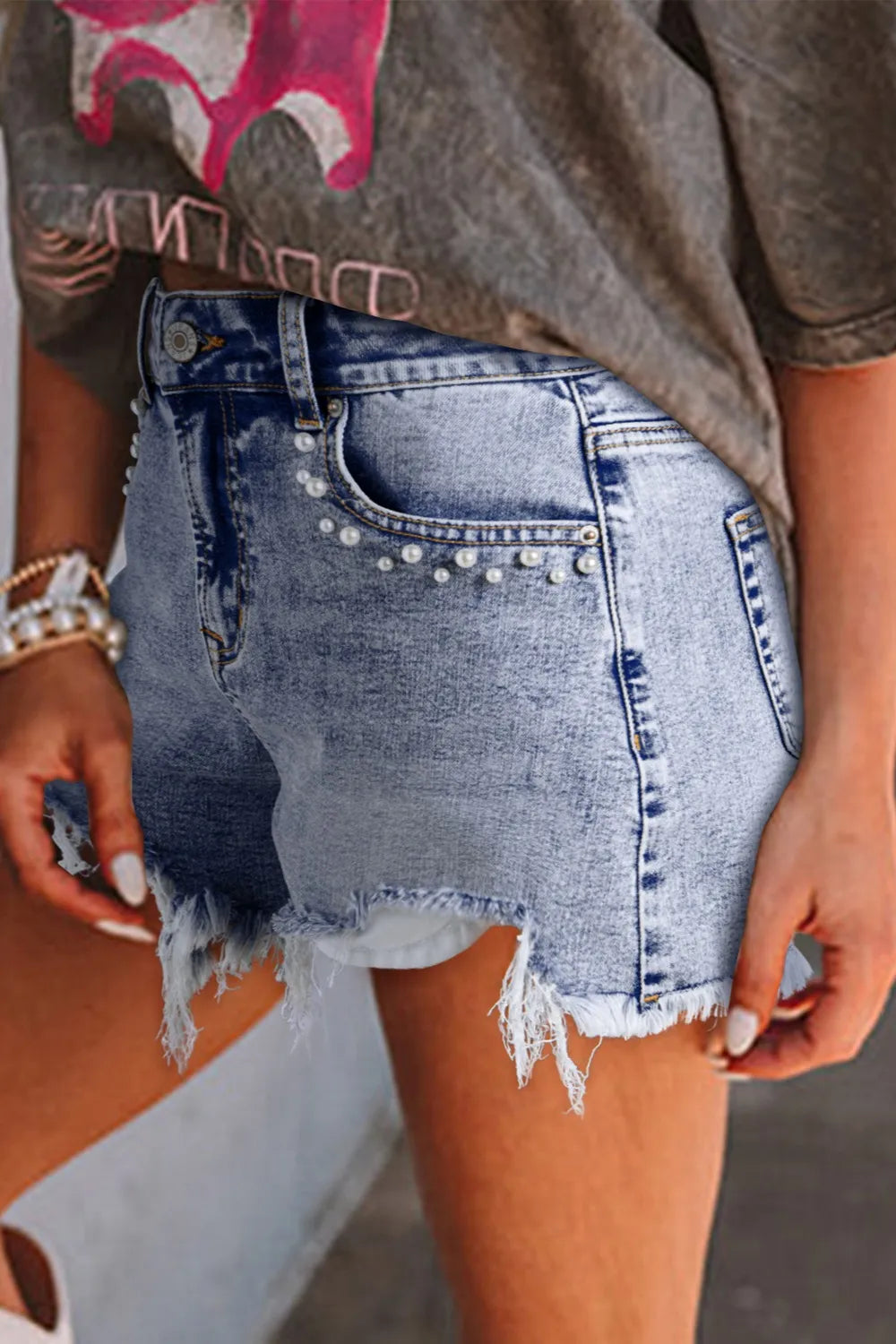 Pearl Studded Pockets Raw Hem Denim Shorts - Jeans Junction Online