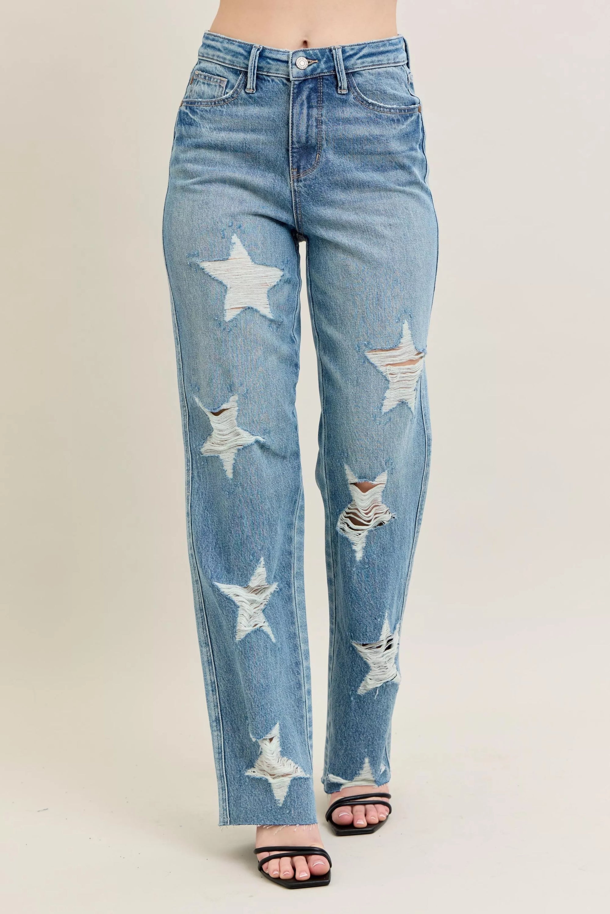 Judy Blue Full Size High Waist Rigid Magic Star Shaped Destroy 90's Straight Jeans Plus Size - Jeans Junction Online