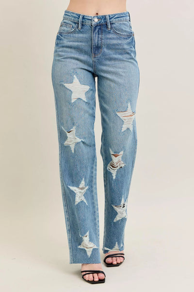 Judy Blue Full Size High Waist Rigid Magic Star Shaped Destroy 90's Straight Jeans Plus Size - Jeans Junction Online