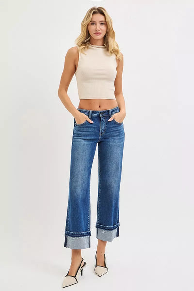 RISEN Mid Rise Ankle Straight Jeans with Cuffed Hem - Jeans Junction Online