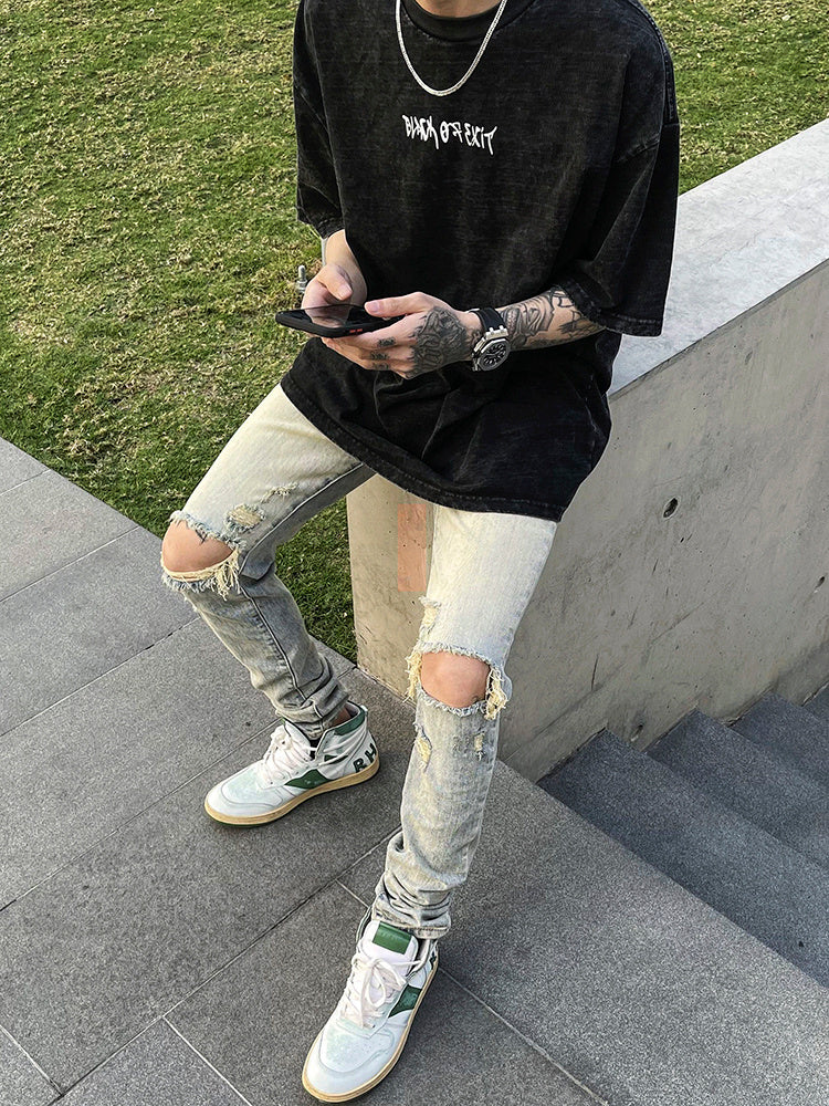 Washed And Distressed Slim-fit Jeans With Holes - Jeans Junction Online