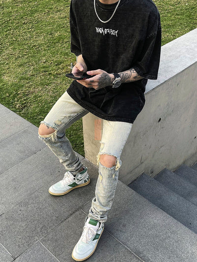 Washed And Distressed Slim-fit Jeans With Holes - Jeans Junction Online