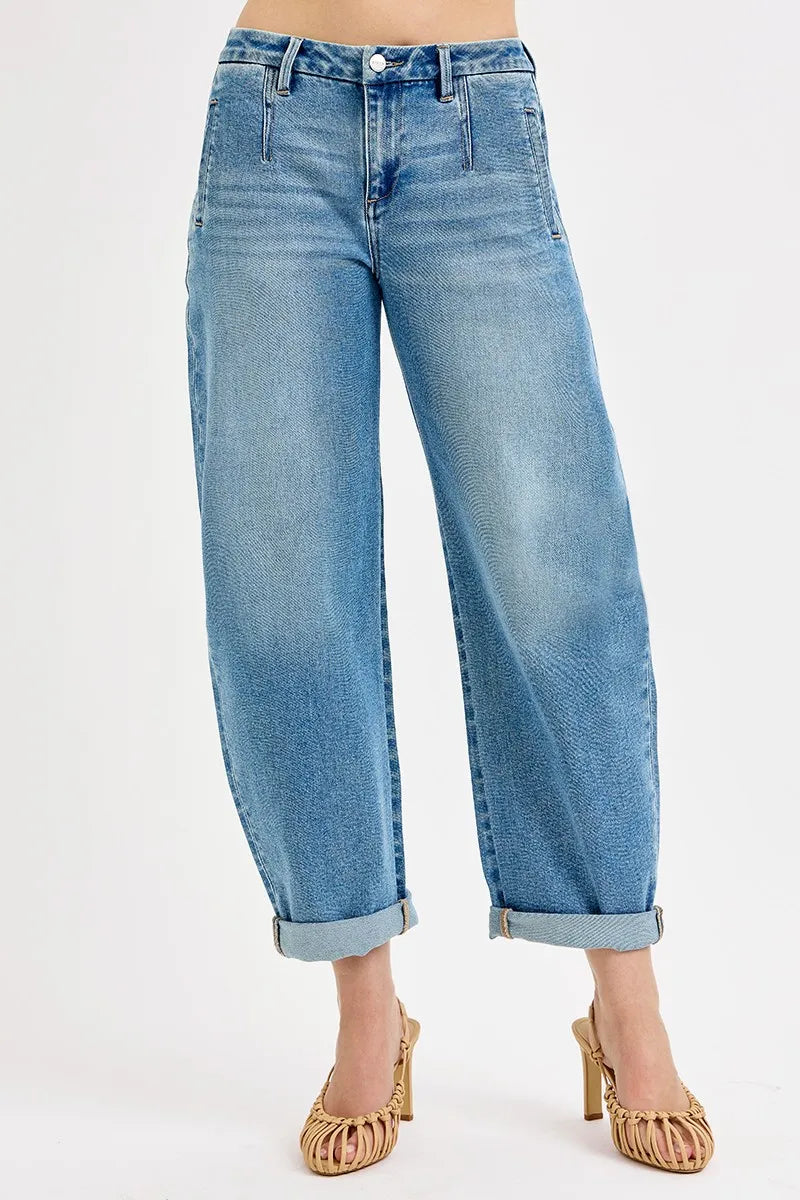 RISEN Full Size Mid Rise Fit Barrel Roll Up Jeans Plus Size - Jeans Junction Online 