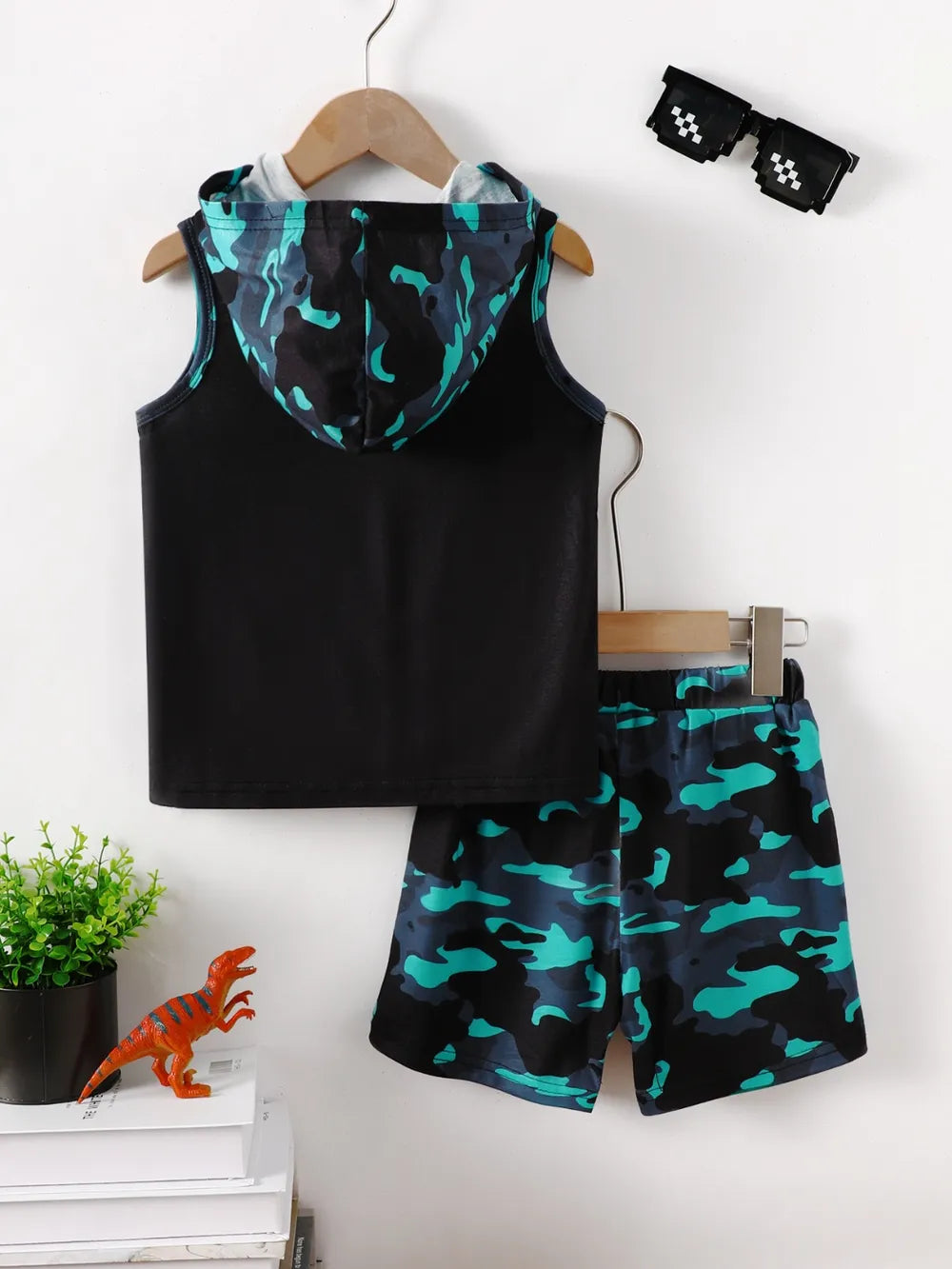 Children's Dinosaur Sleeveless Hooded Top and Pants Set - Jeans Junction Online