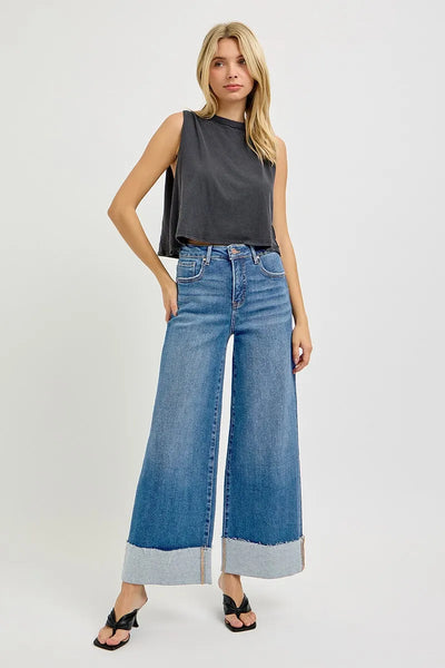 RISEN Full Size Tummy Control High Rise Crop Wide Cuffed Jeans Plus Size - Jeans Junction Online