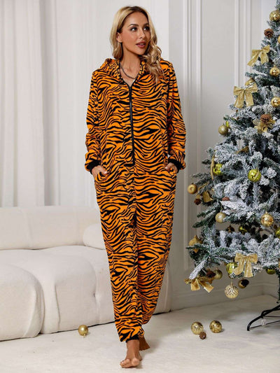 Animal Print Zip Front Lounge Jumpsuit with Pockets - Jeans Junction Online