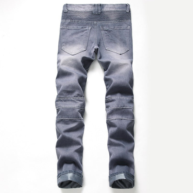 Nostalgic Ripped Motorcycle Jeans Straight Personality - Jeans Junction Online