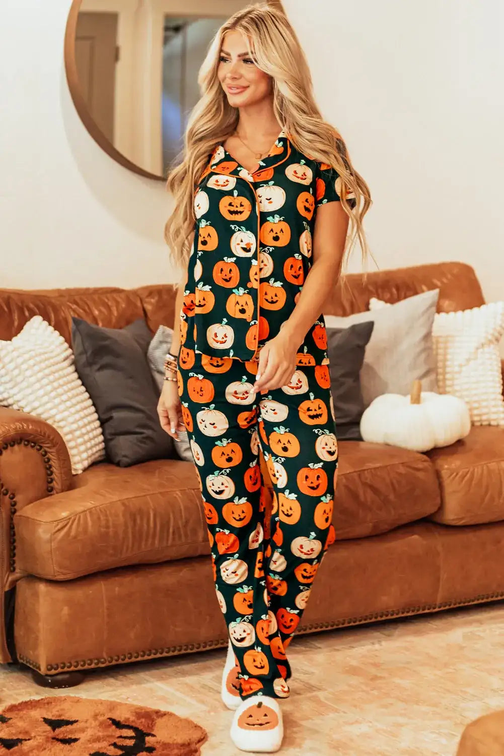 Pumpkin Printed Short Sleeve Top and Pants Lounge Set - Jeans Junction Online
