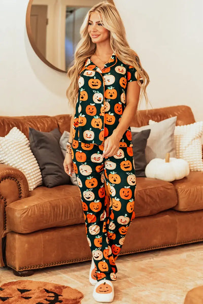 Pumpkin Printed Short Sleeve Top and Pants Lounge Set - Jeans Junction Online