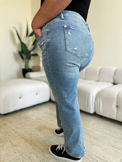 Judy Blue Full Size Mid Rise Distressed Straight Jeans - Jeans Junction Online