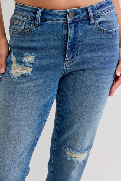 Judy Blue Full Size Mid Rise Bf Patch & Repair Destroy Release Hem Jeans Plus Size - Jeans Junction Online