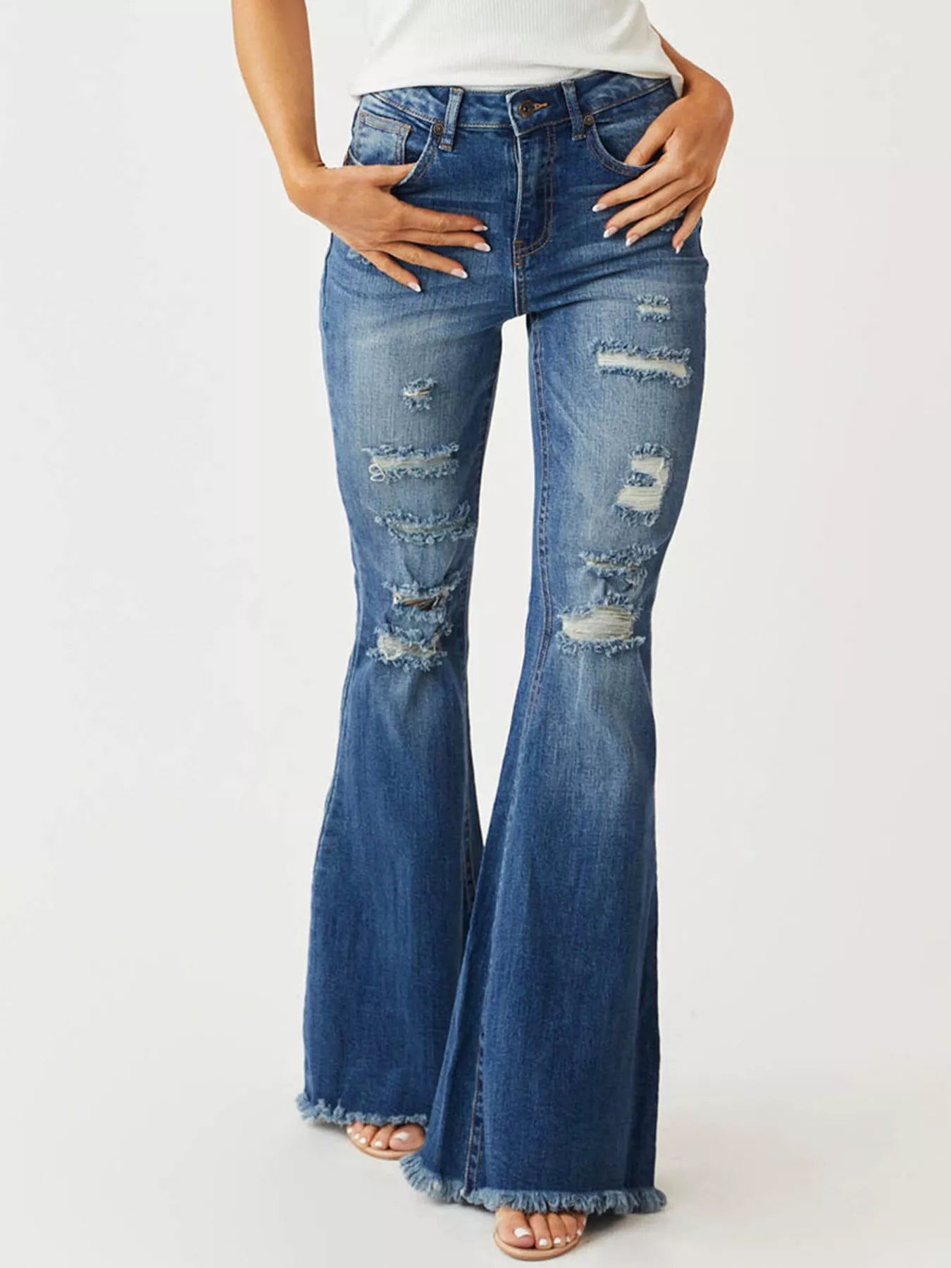 Distressed Raw Hem High-Waisted Flare Jeans - Jeans Junction Online