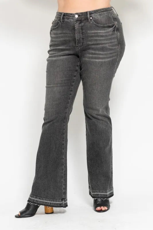 Judy Blue Full Size Mid Rise Tummy Control Washed Gray Release Hem Flare Jeans Plus Size - Jeans Junction Online