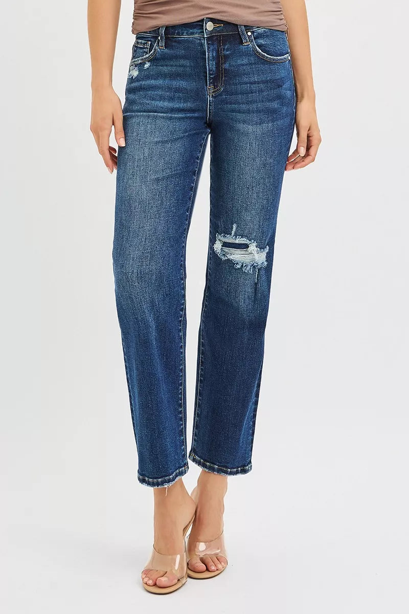 RISEN High Rise Crop Slim Straight Jenas with Hidden Knee Patch - Jeans Junction Online