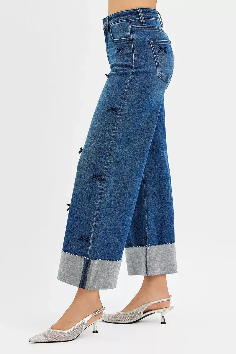 RISEN High Rise Crop Wide Leg Ribbon Detail Jeans - Jeans Junction Online