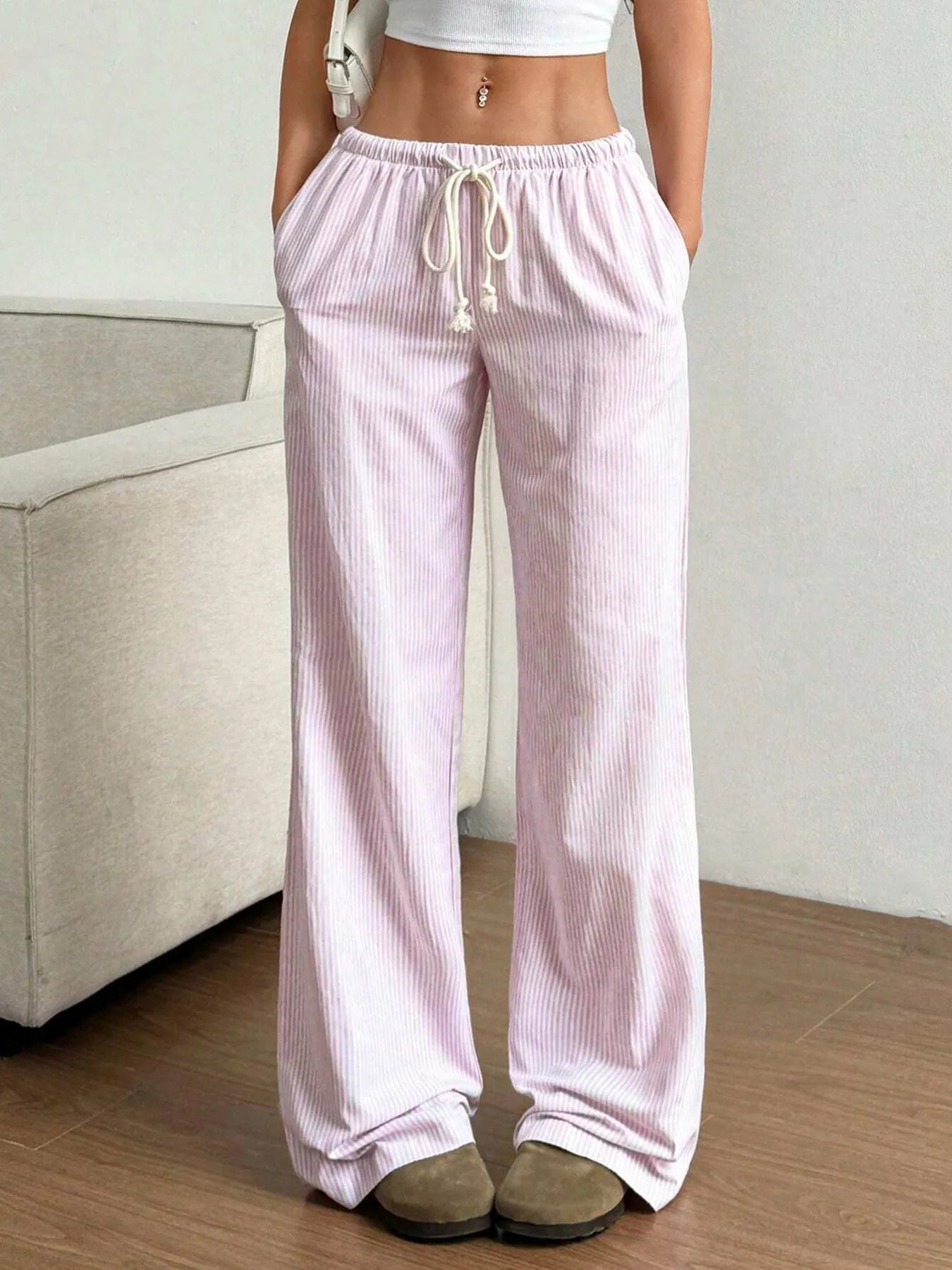 Drawstring Striped Wide Leg Pants - Jeans Junction Online