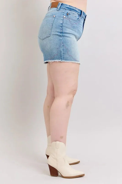 Judy Blue Plus Size High Waist Western Embroidery Detail Cut Off Denim Shorts - Jeans Junction Online