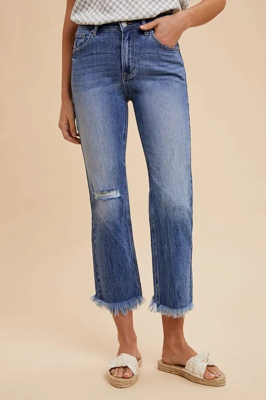 Annie Wear Distressed Raw Hem Straight Leg Cropped Jeans - Jeans Junction Online 