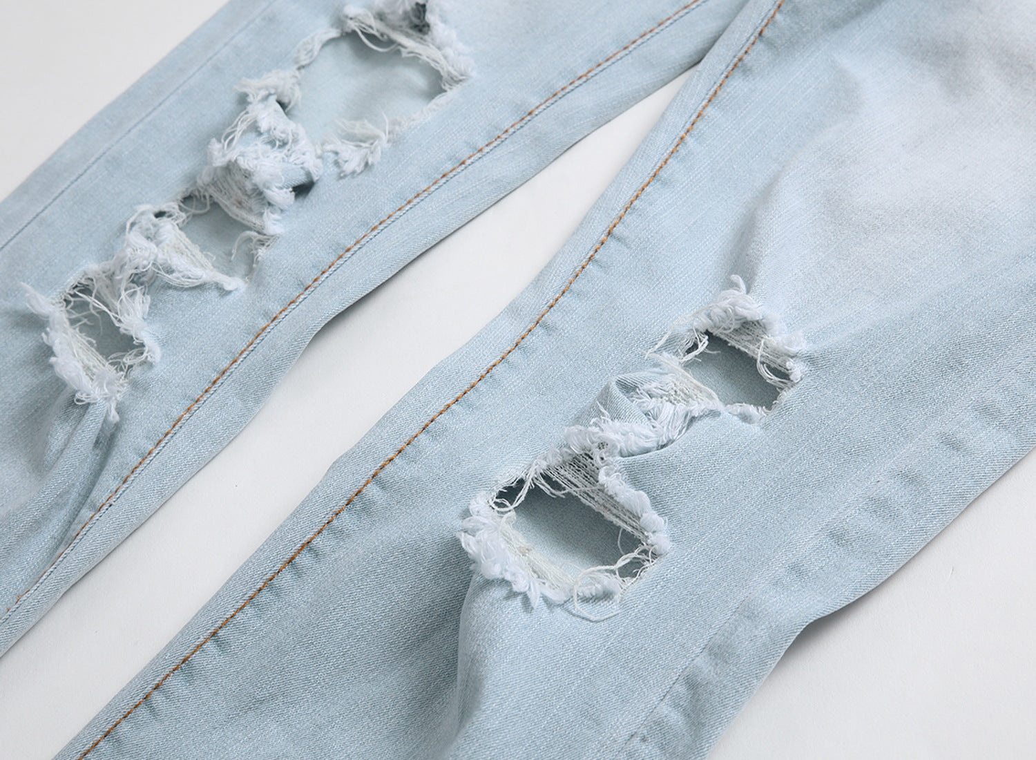 Men's Foreign Trade Light White Blue Big Hole Slim Jeans - Jeans Junction Online