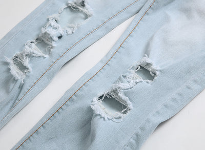 Men's Foreign Trade Light White Blue Big Hole Slim Jeans - Jeans Junction Online