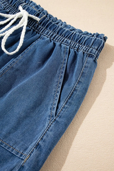 Raw Hem Drawstring High Waist Denim Shorts with Pockets - Jeans Junction Online