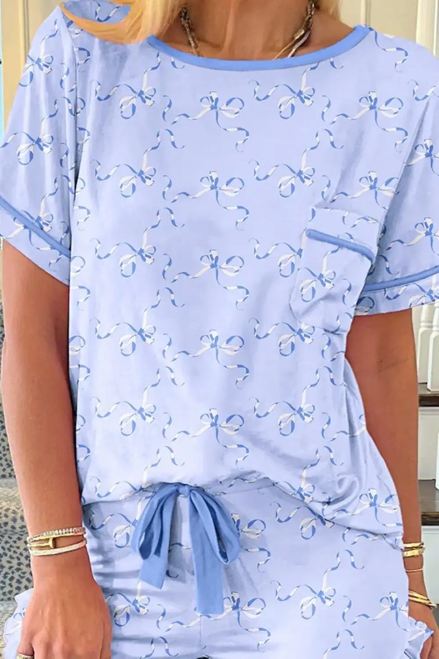 Bow Print Short Sleeve Top and Shorts Pajama Set - Jeans Junction Online 