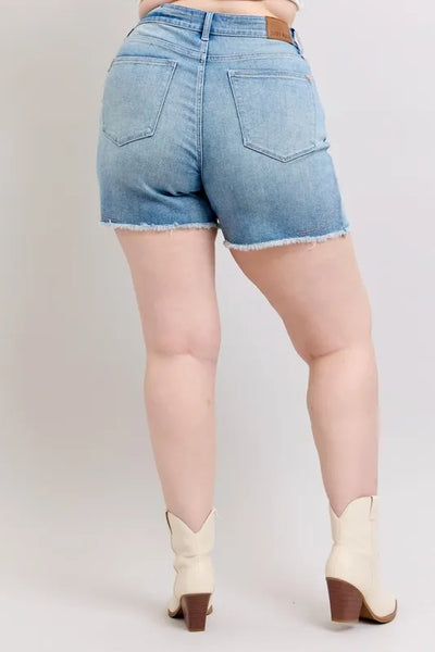 Judy Blue Plus Size High Waist Western Embroidery Detail Cut Off Denim Shorts - Jeans Junction Online