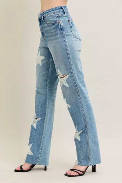 Judy Blue Full Size High Waist Rigid Magic Star Shaped Destroy 90's Straight Jeans Plus Size - Jeans Junction Online