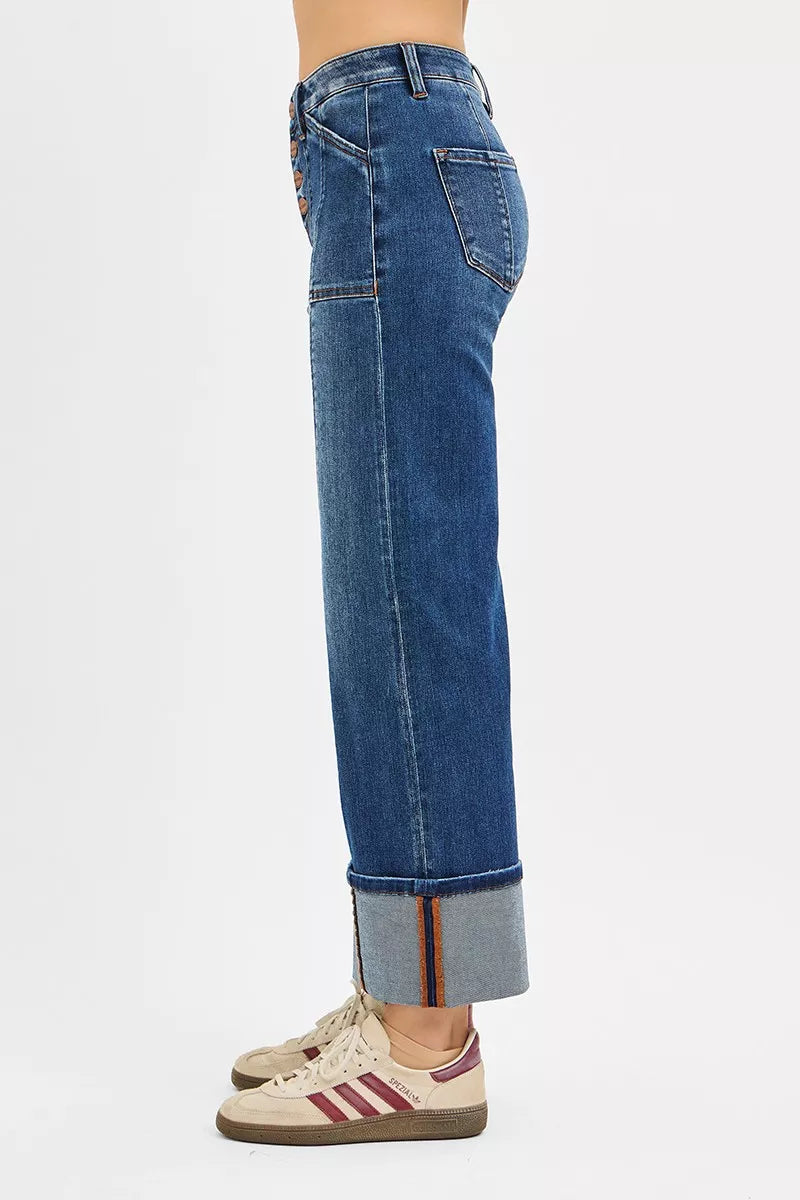 RISEN Full Size High Rise Crop Wide Straight Cuffed Jeans Plus Size - Jeans Junction Online
