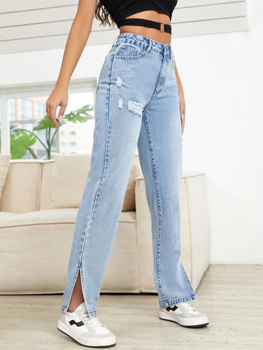 Distressed Slit Straight Leg Jeans - Jeans Junction Online