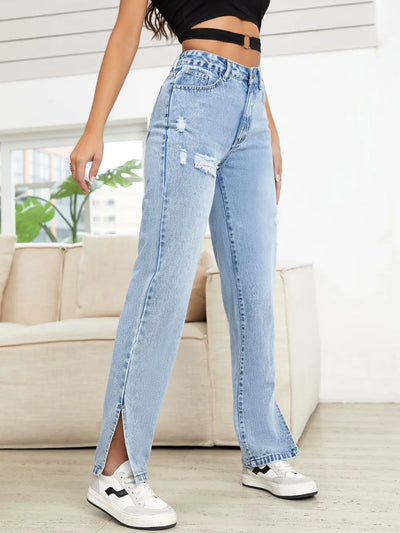 Distressed Slit Straight Leg Jeans - Jeans Junction Online