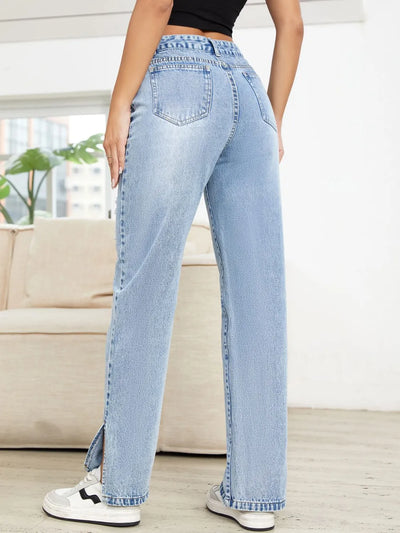 Distressed Slit Straight Leg Jeans - Jeans Junction Online