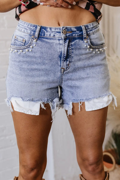 Pearl Studded Pockets Raw Hem Denim Shorts - Jeans Junction Online