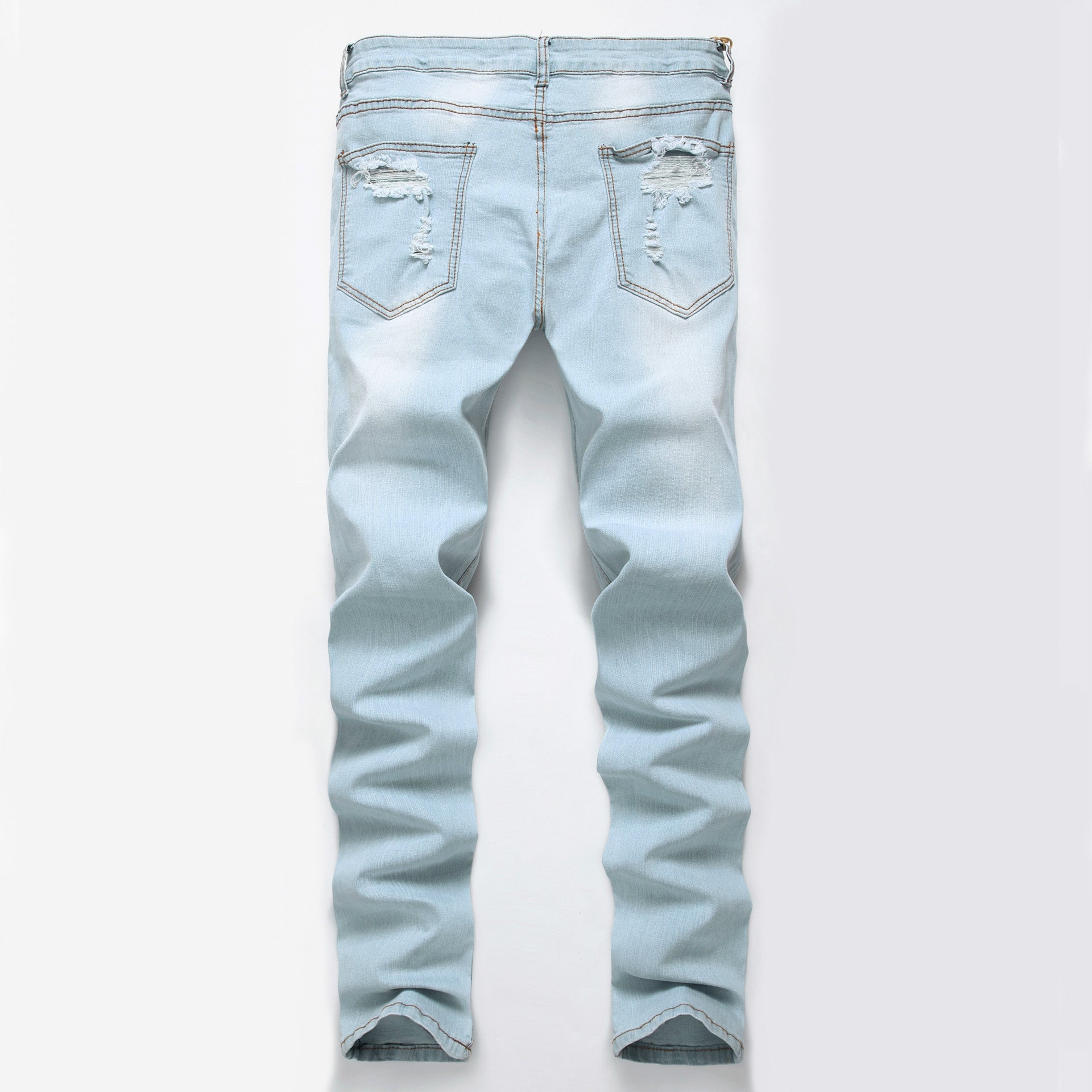 Men's Foreign Trade Light White Blue Big Hole Slim Jeans - Jeans Junction Online